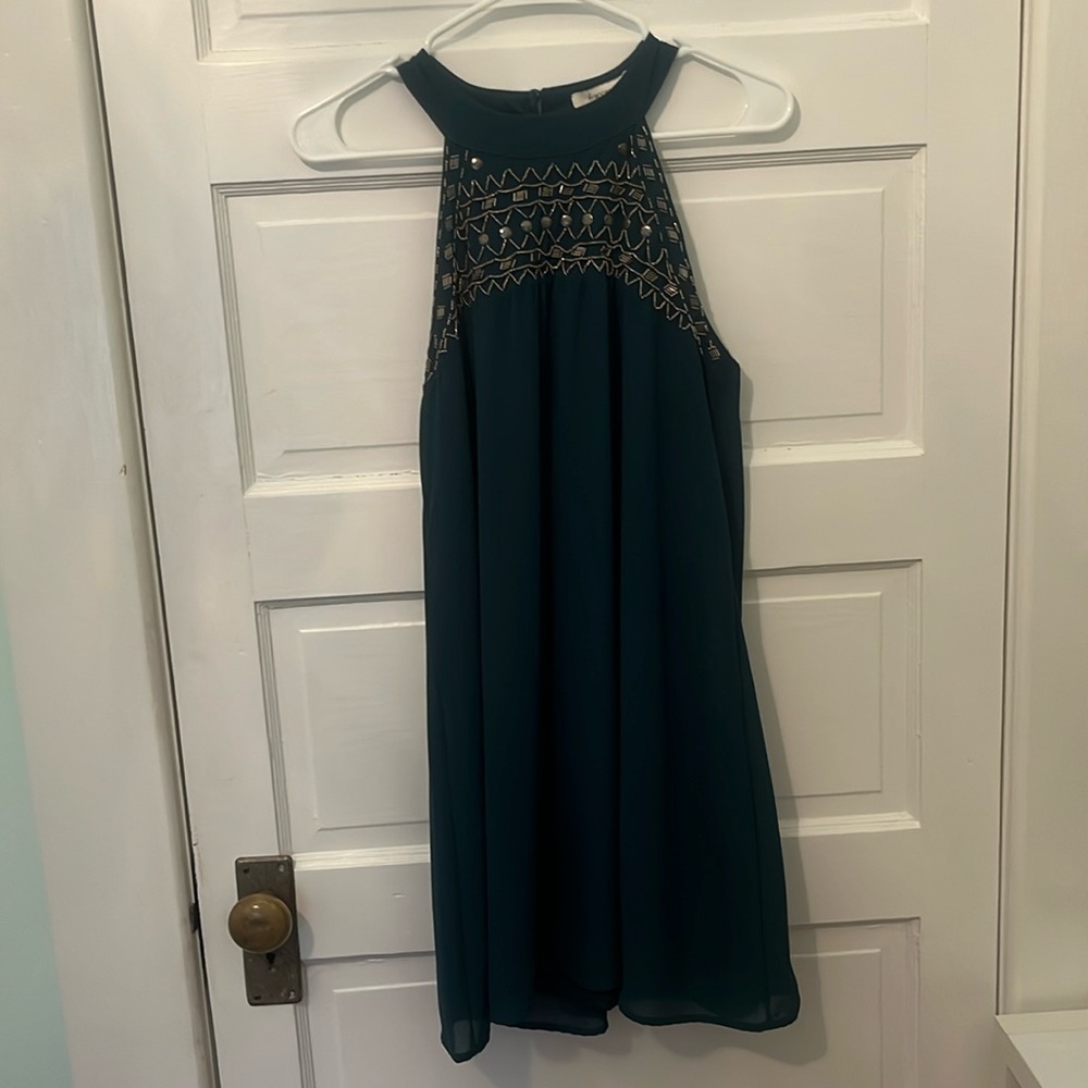 Francesca’s beaded emerald green dress in women’s size S. Tank dress